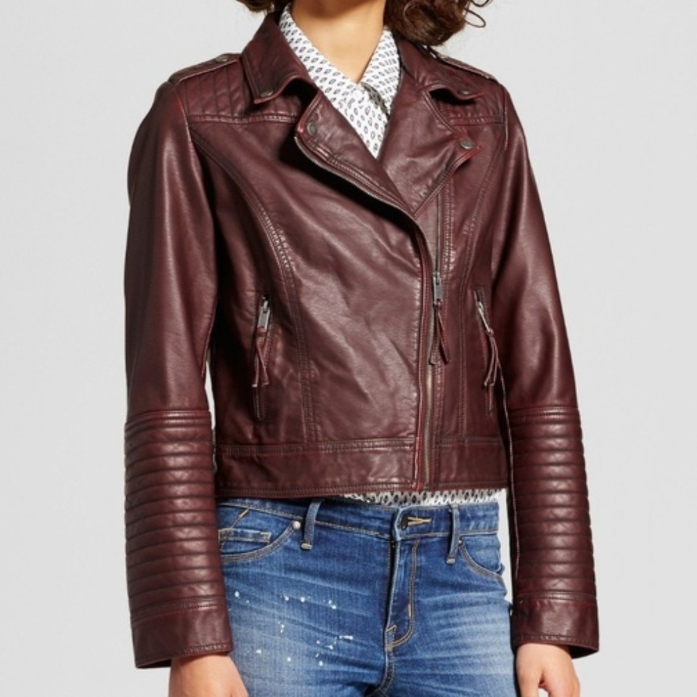 Burgundy Faux Leather Moto Jacket